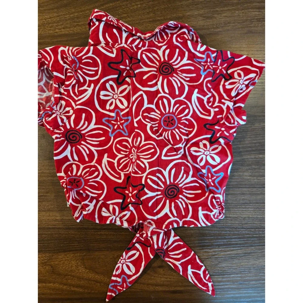 OshKosh Bgosh Girls Red Floral Starfish Tie Front Button Up Shirt 4T
